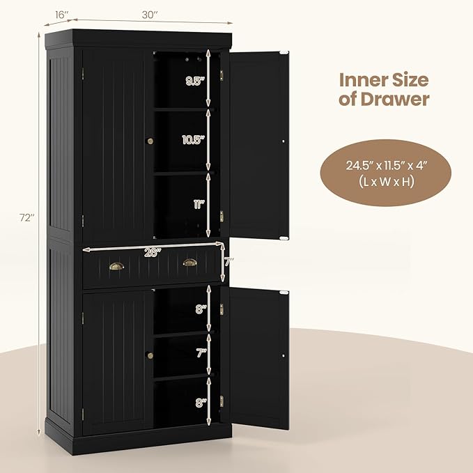 Nightcore Freestanding Kitchen Pantry Cupboard, 6ft Wood Cupboard w/ 4 Adjustable Shelves, 2 Wood Pantries, & 1 Drawer, Utility Storage Cabinet for Kitchen, Hallway, Living Room, Bathroom (Black)