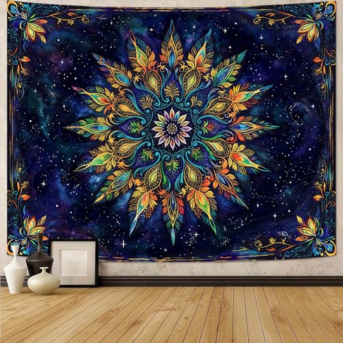 Boho Floral Mandala Tapestry for Bedroom Aesthetic Blue Bohemian Colorful Flower Wall Tapestry Purple Hippie Indian Extra Large Tapestries Wall Hanging for Living Room Dorm Decor 90 x 68 Inch