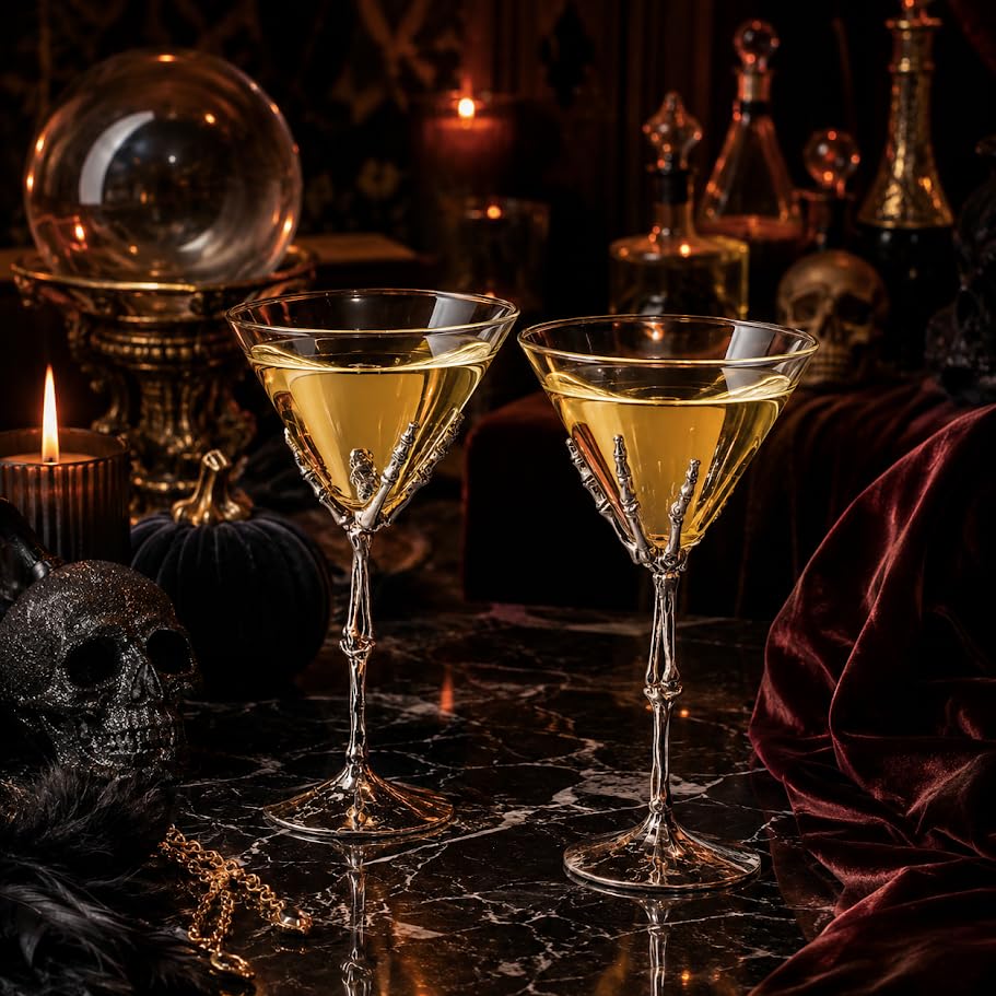 Skeleton Hand Martini Glasses Set Of 2 9 Inch Spooky Halloween Cocktail Bar