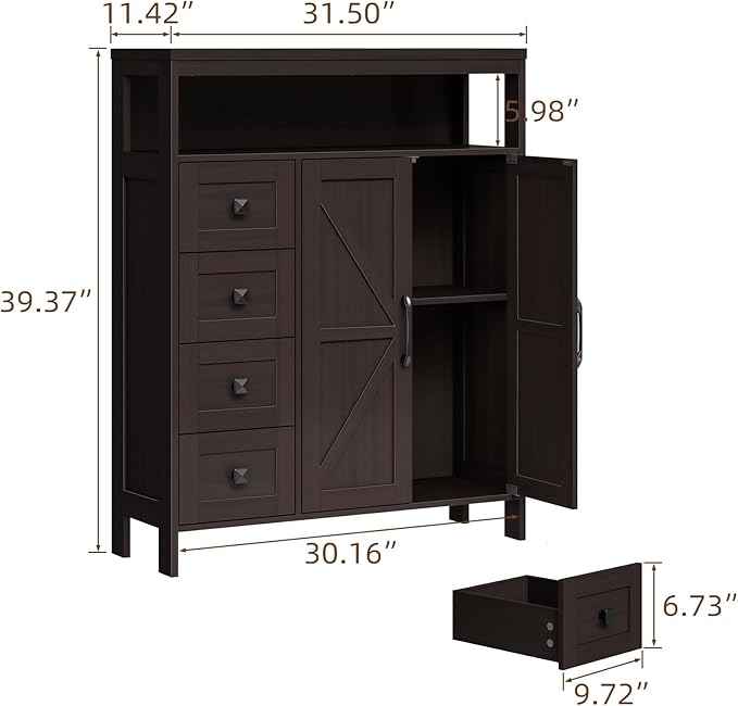Vabches Farmhouse Storage Cabinet with 2 Doors and 4 Drawers, Freestanding Bathroom Compartment Kitchen Pantry Cabinet, Floor Cupboard for Kitchen/Living Room/Bathroom, Espresso