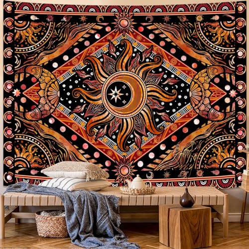 Hippie Sun and Moon Tapestry Bohemian Celestial Tapestries Aesthetic Tapestry for Bedroom and Living Room Decor Sun and Moon 36×48 Inches