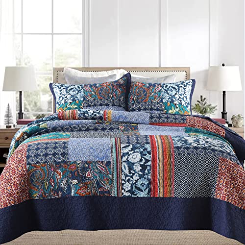 Queen Quilt Set Reversible Lightweight Bohemian Paisley Patchwork Cotton Quilted Bedspread Coverlet Set 3
