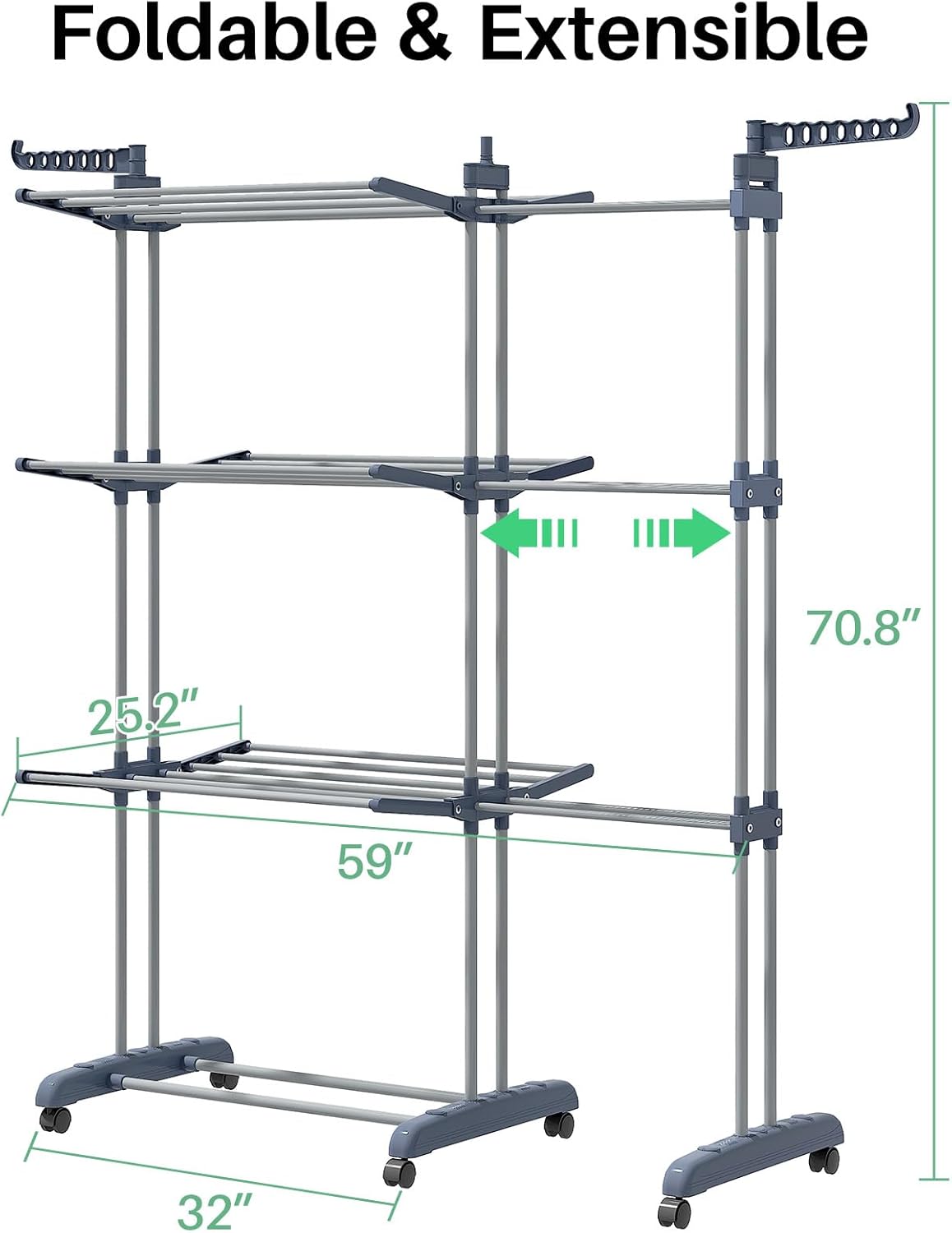 Kitstorack Clothes Drying Rack - Foldable Movable Clothes Rack Drying 30.0" W to 59.0" W Extensible Drying Rack Clothing Oversized 4-Tier Stainless Steel Large Clothes Rack Drying Indoor and Outdoor - NestledHome
