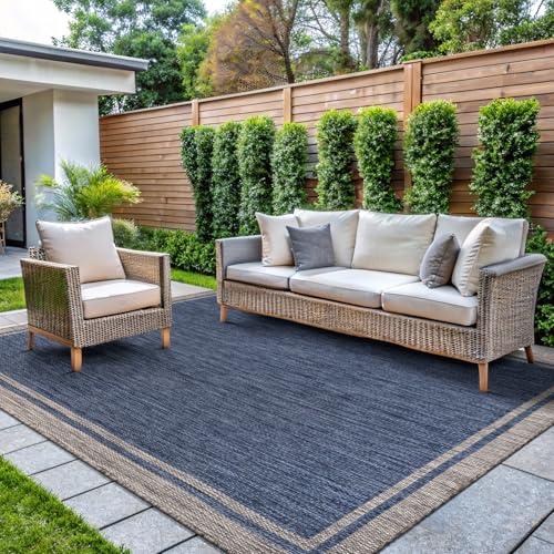 Outdoor Rug 5x7 Bordered Navy Blue Gray Modern Area Rugs for Indoor and Outdoor Patios (35 Sq Ft)