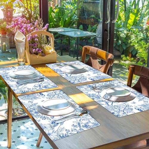 Blue Floral Placemats Set of 6 Flower Bird Plastic Table Mats Seasonal Spring Placemats Chinoiserie Place Mats Rustic Vintage Table Decoration for Indoor Outdoor Party Kitchen Dining (6 Count)
