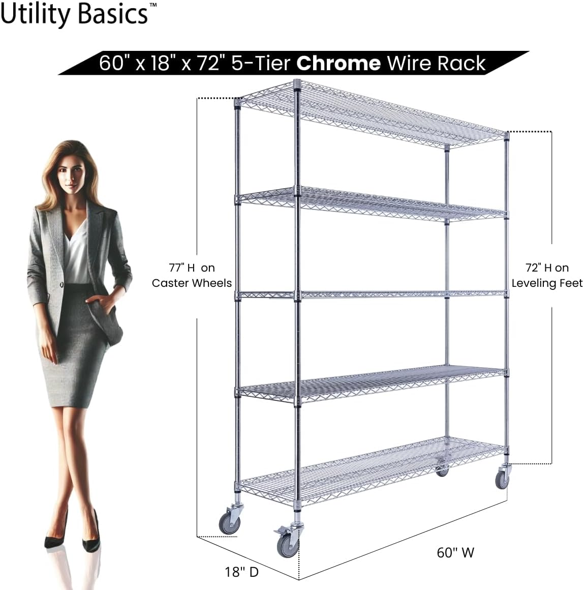 60"x18"x72" Chrome 5-Tier PREMIUM Wire Shelving NSF 4000 LBS MAX CAPACITY Heavy Duty Steel Storage Rack for Warehouses, Garages, Hospitals, Commercial Spaces, & Schools w/PREMIUM WHEELS - NestledHome