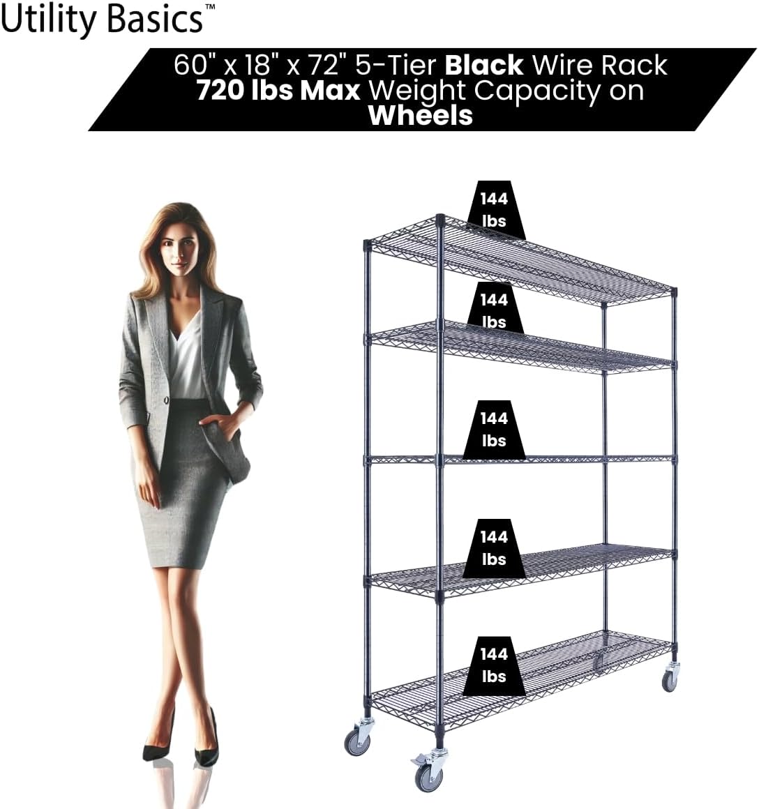 60"x18"x72" Black 5-Tier Premium Wire Shelving NSF 4000 LBS MAX Capacity Heavy Duty Steel Storage Rack for Warehouses, Garages, Hospitals, Commercial Spaces, & Schools w/Premium Wheels - NestledHome