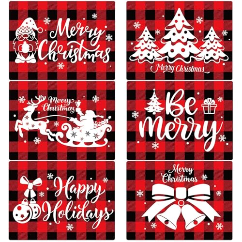 Christmas Placemats Set of 6 Red and Black Plastic Table Mat 17×13×0.04in (6 Count)