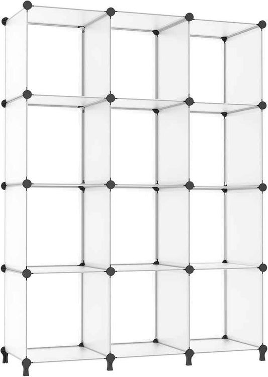 AWTATOS Cube Storage Organizer Storage 12 Cube Bookshelf DIY Plastic Closet Storage Shelves with Wooden Mallet, Ideal Storage Solution for Home, Bedroom, Translucent White