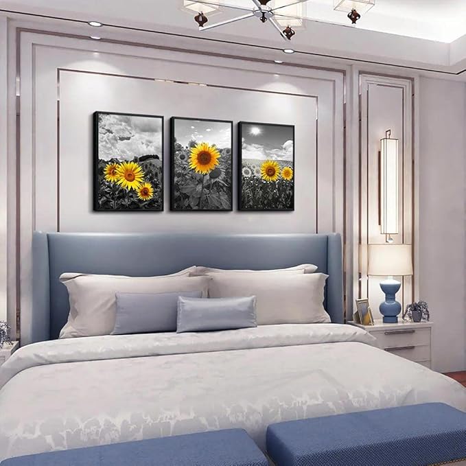 Black Framed Sunflower Flowers Wall Art - Large Size Set of 3 Piece Framed Art Prints for Living Room, Bedroom, Kitchen, Home Decor