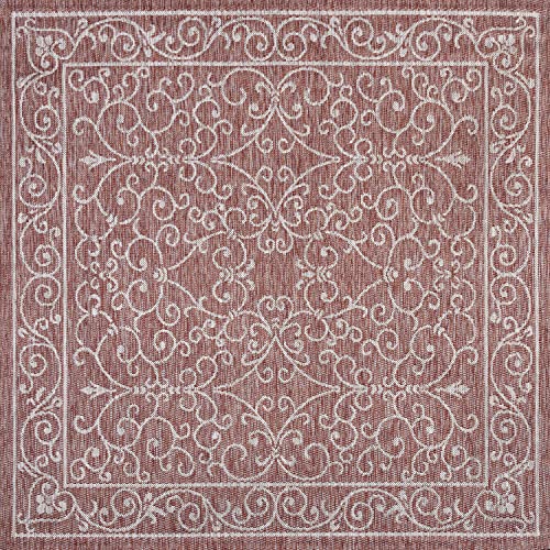 Vintage Filigree Indoor Outdoor Square Area Rug 4X4 Red