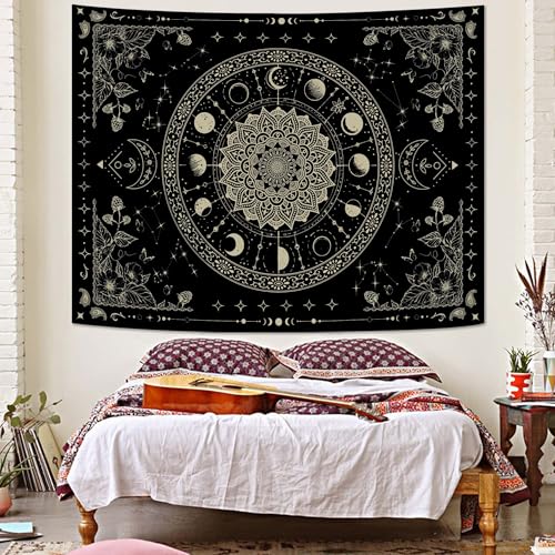 Mandala Moon Tapestry Boho Tapestry for Bedroom Black Tapestries Wall Hanging Living Room Wall Art and Home Decor 44x60