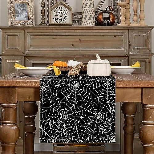 Halloween Table Runner Spider Web Black Linen Table Runners for Seasonal Holidays Indoor Outdoor Kitchen Dining Party Home Decor 13 x 36 Inch (3 Sq Ft)