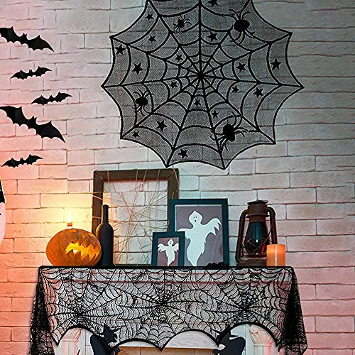 4 Pack Halloween Decorations Tablecloth Runner Black Lace Round Spider Cobweb Table Cover Fireplace Mantel Scarf Spiderweb with 60 Pcs 3D PVC Scary Black Bat Sticker Halloween Party Supplies (63 Count)