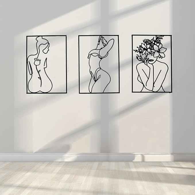 Glamativity 4 Pack Black Wall Art Décor, Minimalist Décor Single Line Art Wall Décor, Real Metal Wall Art, Woman's Body Shape Abstract Wall Art, for Kitchen Bedroom Living Room