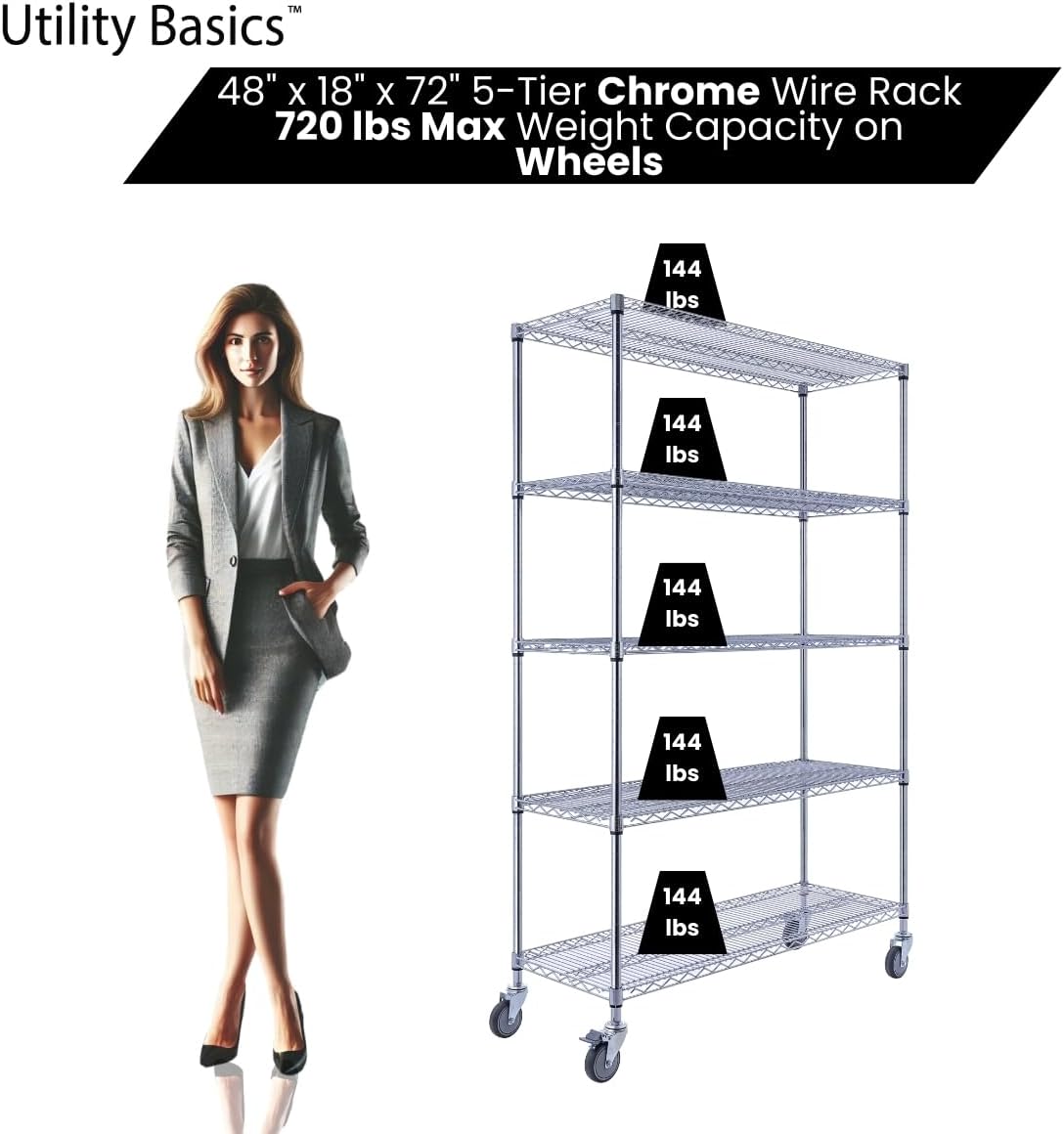 48"x18"x72" Chrome 5-Tier PREMIUM Wire Shelving NSF 4000 LBS MAX CAPACITY Heavy Duty Steel Storage Rack for Warehouses, Garages, Hospitals, Commercial Spaces, & Schools w/PREMIUM WHEELS - NestledHome