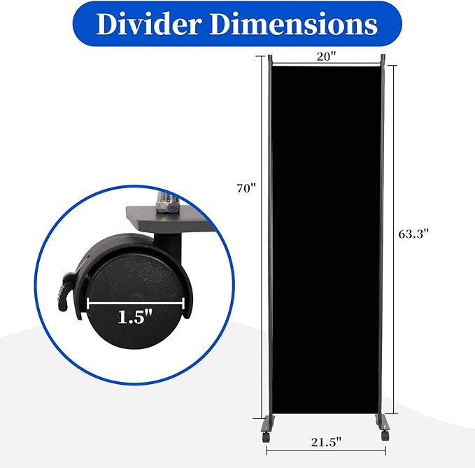 Room Divider 6FT Room Partition with Lockable Wheels, (Thicked Metal Base) Room Dividers, Freestanding Indoor Folding Privacy Screens, Portable Fabric Wall Divider for (Black, 21.5"- 1 Panel)