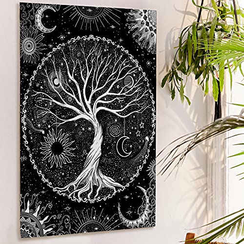 Tree of Life Tapestry Black and White Tapestry Mystical Sun and Moon Tapestries for Bedroom and Living Room Decor Black Tree 44×60 Inches