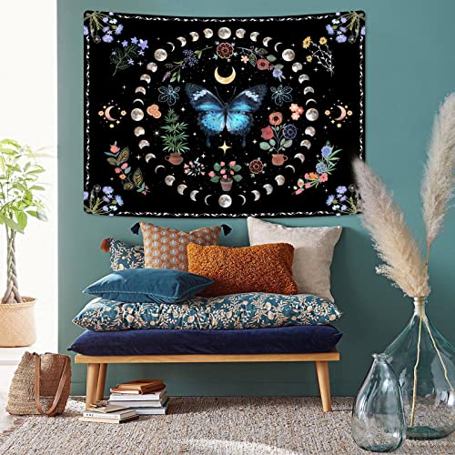 Blue Butterfly Moon Flower Tapestry Boho Floral Plant Tapestries for Bedroom Aesthetic Nature Tapastry's Wall Hanging Mandala Botanical Wall Tapestry for Living Room Dorm