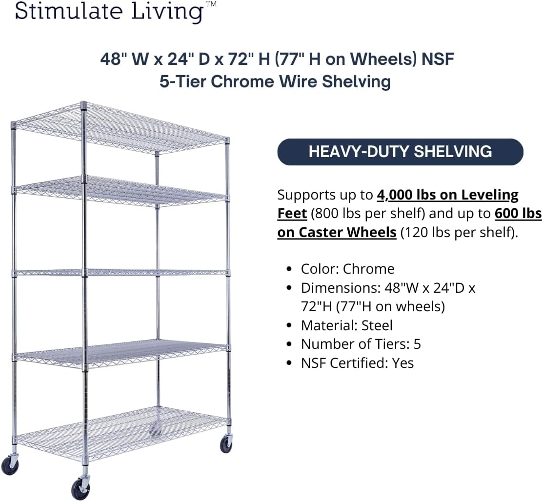48"x24"x72" Prime Heavy Duty Chrome 5-Tier Steel Wire Shelving NSF 4000 LBS MAX Capacity Storage Rack for Commercial, School, Home, Garage, Warehouse, Industrial, and Hospital Uses (with Wheels) - NestledHome