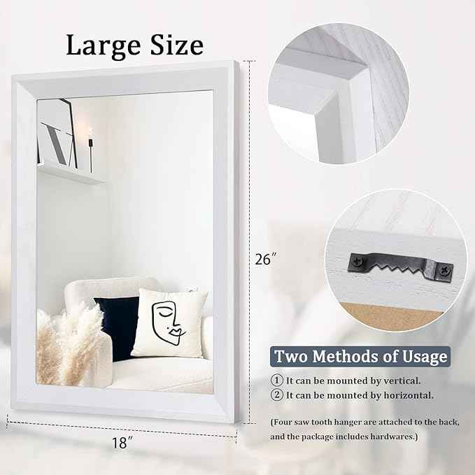 AAZZKANG Rectangular Wall Mirror Decorative Wood Framed Mirrors Large 26"x18" for Farmhouse Bedroom Bathroom Living Room Entryway Hanging Home Decor