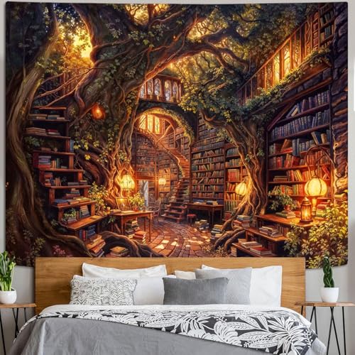 Forest Library Tapestry Tree Bookshelf Tapestries Wall Hanging Vintage Fantasy Fairy Treehouse Book Extra Large Tapestry for Bedroom Living Room Dorm Classroom 90 x 68 inch