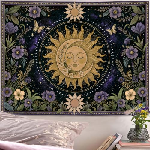 Boho Vintage Sun and Moon Hippie Purple Floral Tapestry 60 x 44 Inch