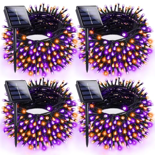Solar Halloween Lights 4 Pack 132FT 400 LED String Lights Purple and Orange (33 Foot)
