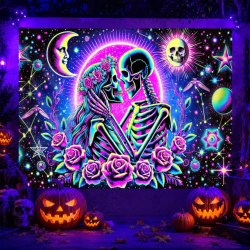 Blacklight Tapestry Skeleton Love Room Wall Art 78 x 59 Inch
