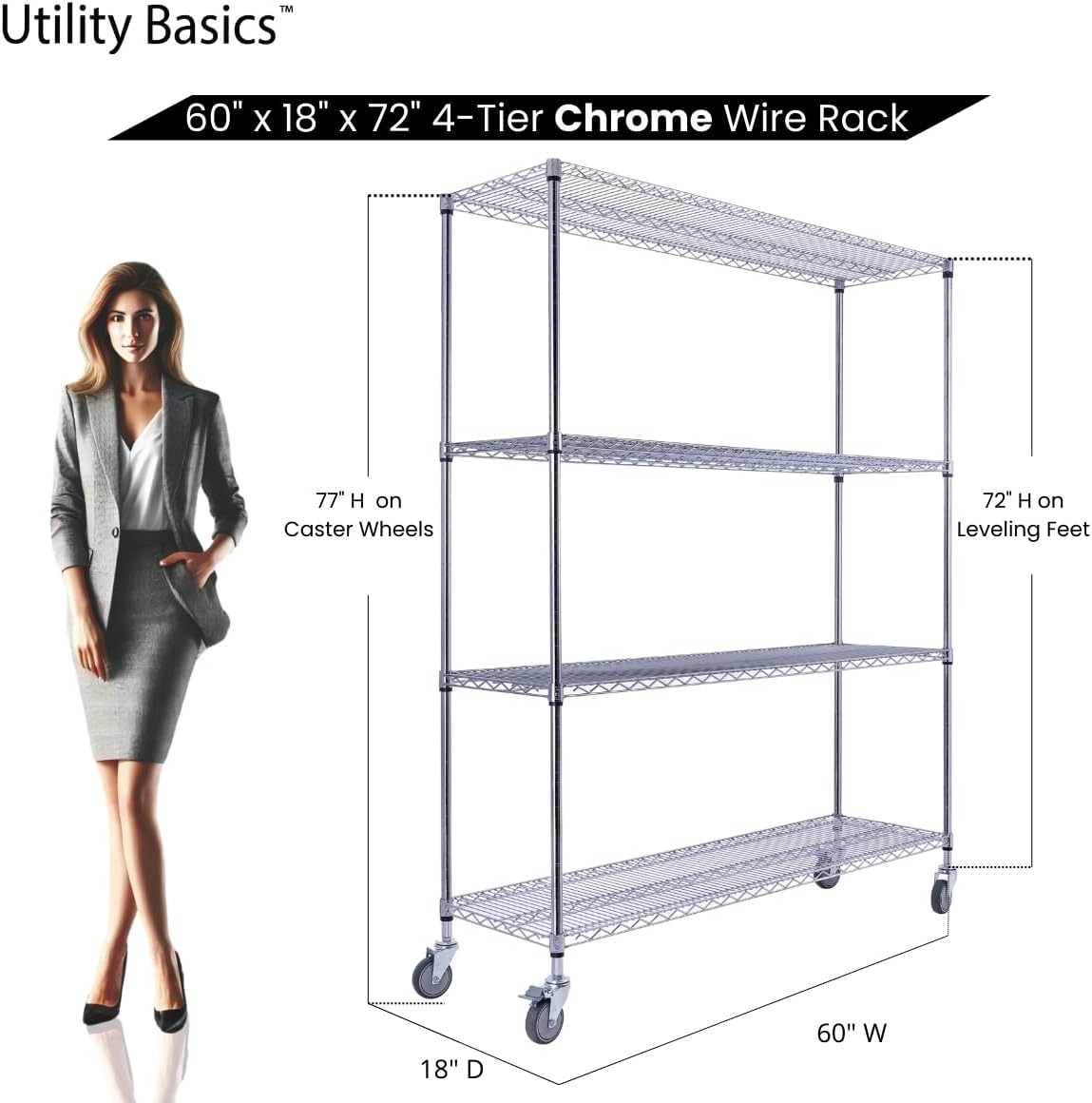 60"x18"x72" Chrome Premium Metal Steel Wire Shelving 4-Tier NSF 3200 LBS MAX Capacity Heavy Duty Storage Rack for Garages, Commercial Spaces, Hospitals, & Schools w/Premium Wheels - NestledHome