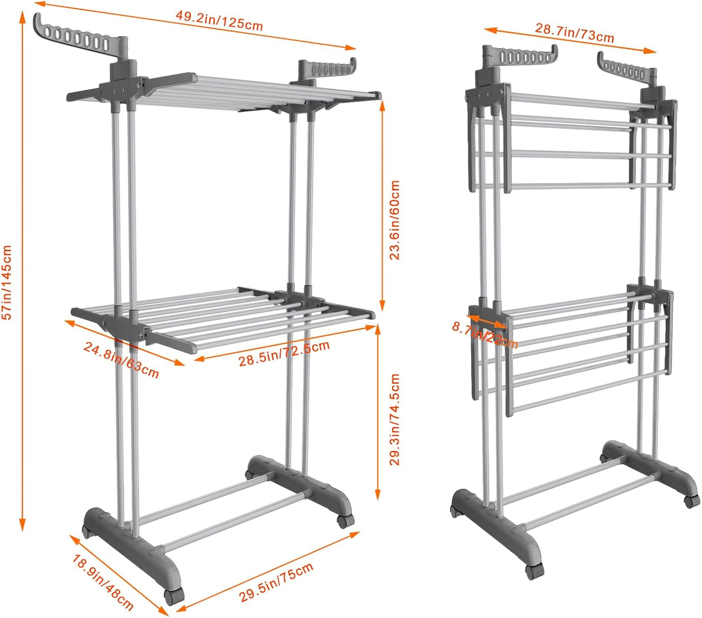Bigzzia 3 Tier Clothes Drying Rack, 57 Inch Laundry Drying Rack, Foldable Stainless Steel Kids Clothing Rack, Movable Laundry Rack for Indoor Outdoor - Grey - NestledHome
