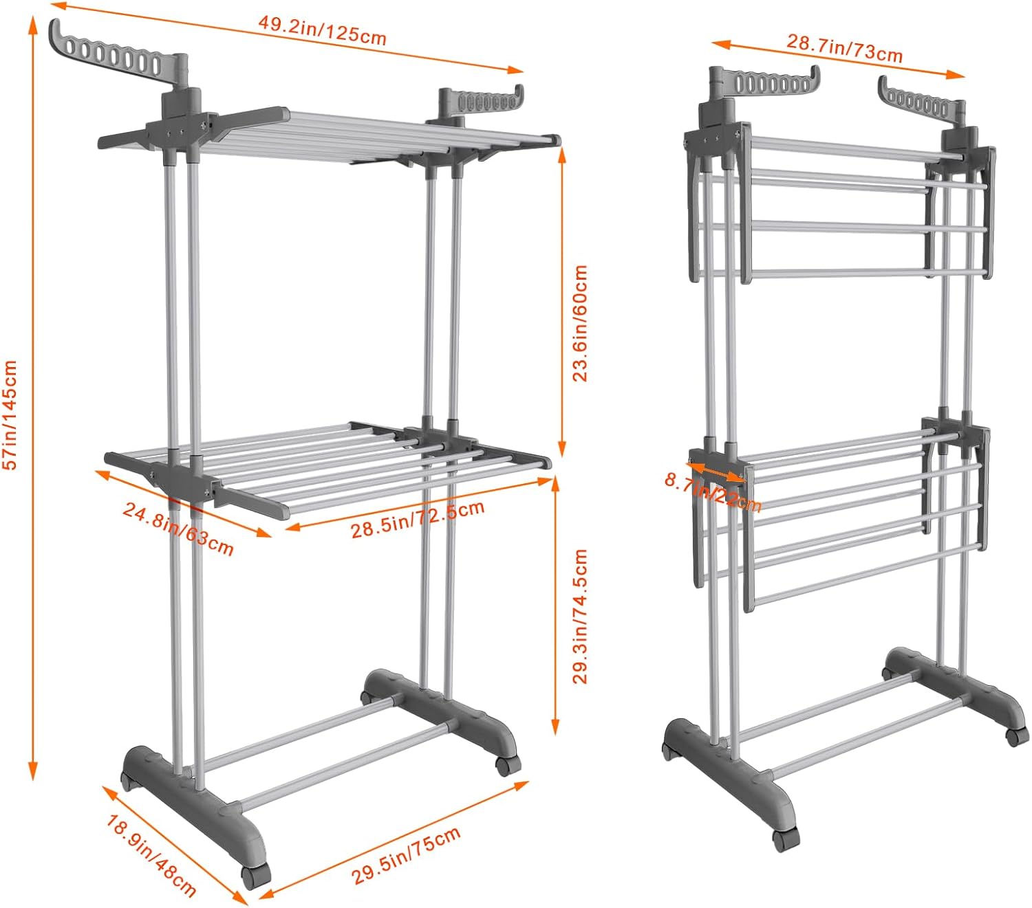 Bigzzia 3 Tier Clothes Drying Rack, 57 Inch Laundry Drying Rack, Foldable Stainless Steel Kids Clothing Rack, Movable Laundry Rack for Indoor Outdoor - Grey - NestledHome