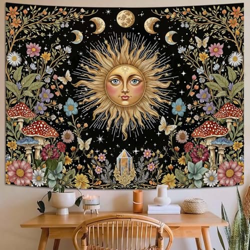 Boho Sun and Moon Tapestry Hippie Mushroom Floral Wall Tapestry for Bedroom Aesthetic Moon Phase Vintage Plant Celestial Small Tapestries Wall Hanging for Living Room Dorm 48 x 36 Inch