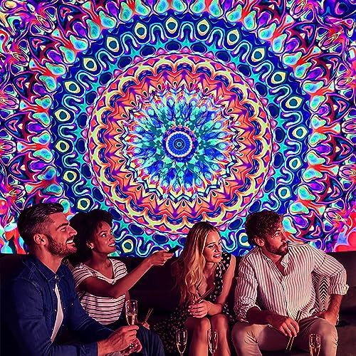 Blacklight Colorful Mandala Tapestry 79"x59" Kaleidoscopic Trippy Room Decor Black Light Poster Bohemian Wall Decor for Bedroom Backdrop Decor