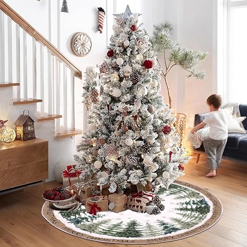 Christmas Tree Skirt 36 Inch Pine Trees Snowy Forest Christmas Tree Skirt for Farmhouse Vintage Rustic Merry Christmas Xmas Winter Holiday Party Decoration