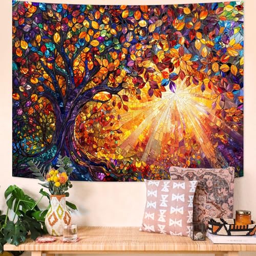 Tree of Life Tapestry Stained Glass Tapestry Wall Decor Tapestries for Bedroom Art Tapestries Wall Hanging for Bedroom Living Room Glass