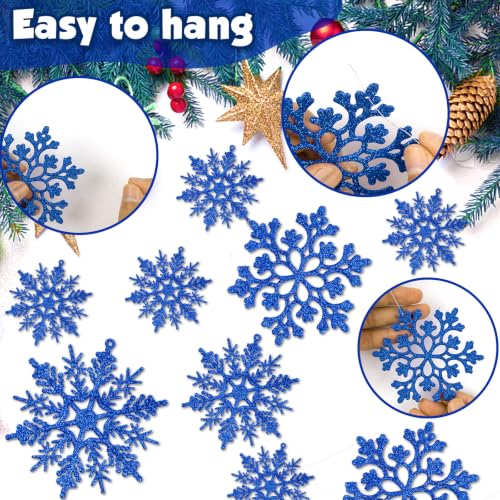 36pcs Christmas Navy Blue Snowflake Ornaments Plastic Glitter Snow Flakes Ornaments for Winter Christmas Tree Decorations Size Varies Craft Snowflakes (36 Count)