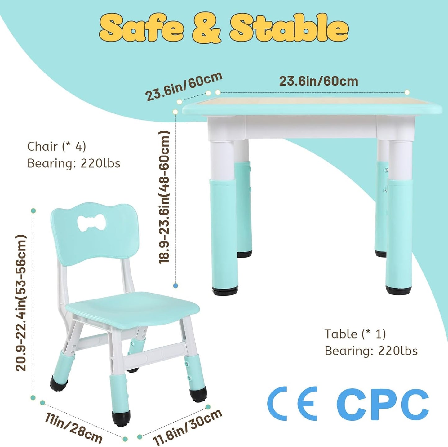 FUNLIO Kids Table and 4 Chairs Set, Height Adjustable Toddler Table and Chair Set for Ages 3-8, Easy to Wipe Arts & Crafts Table, for Classrooms/Daycares/Homes, CPC & CE Approved (5-Piece Set) - Green - NestledHome