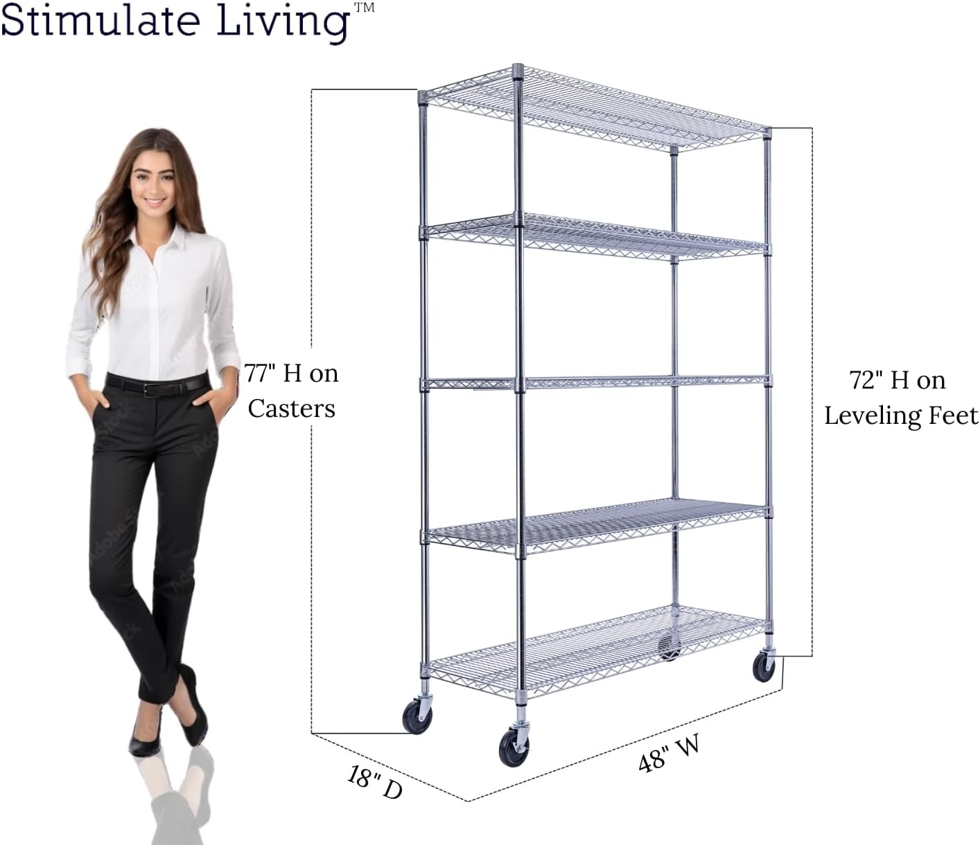 48"x18"x72" PRIME HEAVY DUTY Chrome 5-Tier Wire Shelving NSF 4000 LBS MAX Capacity Storage Rack for Commercial, School, Home, Garage, Warehouse, Industrial, and Hospital Uses (with Wheels) - NestledHome