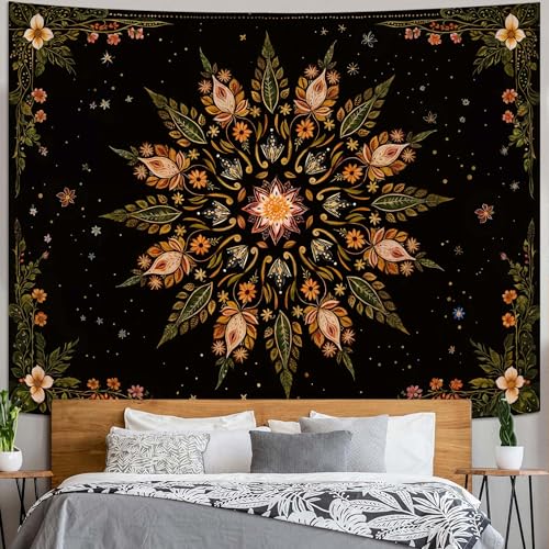 Boho Floral Mandala Tapestry for Bedroom Aesthetic Vintage Bohemian Flower Wall Tapestry Black Green Hippie Indian Large Tapestries Wall Hanging for Living Room Dorm Decor 80 x 60 Inch
