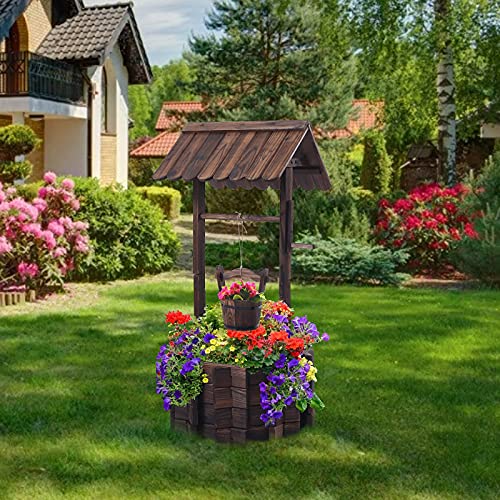 Garden Wooden Decor Rustic Wishing Well Planter Outdoor Home Décor for Patio