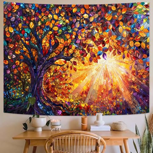 Tree of Life Tapestry Stained Glass Tapestry Wall Decor Tapestries for Bedroom Art Tapestries Wall Hanging for Bedroom Living Room Glass