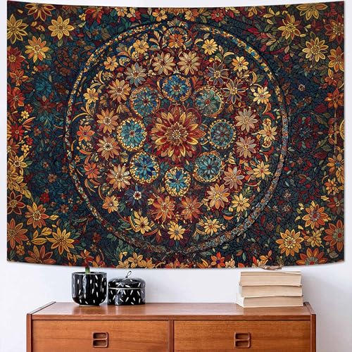 Boho Floral Mandala Tapestry Wall Hanging Vintage Bohemian Flower Medallion Tapestry Aesthetic Orange Stained Glass Hippie Small Tapestries for Bedroom Living Room Dorm Decor 48 x 36 Inch