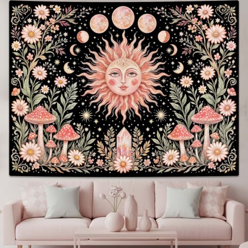 Boho Pink Sun Moon Phase Daisy Flower Mushroom Tapestry 80 x 60 Inch