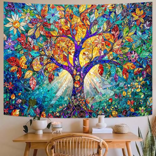 Tree of Life Tapestry Stained Glass Tapestry Wall Decor Tapestries for Bedroom Art Tapestries Wall Hanging for Bedroom Living Room Glass