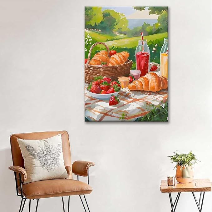 Paint by Numbers Kit for Adults Framed, Summer Picnic with Croissants and Strawberries, DIY Oil Painting, Pre-Printed Canvas Wall Art Home Decor Gift, 16x20inch Framed, 24 Colors