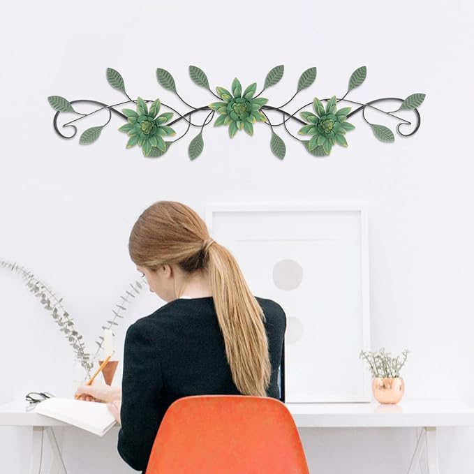 KHJCXS Metal Wall Art Modern Minimalist Metal Flowers Indoor Decor Horizontal Wall Art Iron Artwork,for Over Door,Bedroom,Living Room,Kitchen,Office Scroll Decor(Green)