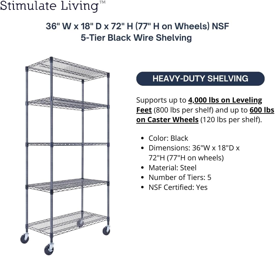 36"x18"x72" Prime Heavy Duty Black 5-Tier Wire Shelving NSF 4000 LBS MAX Capacity Storage Rack for Commercial, Hospital, School, Garage, and Kitchen Uses (with Wheels) - NestledHome