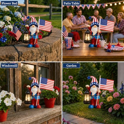 Solar Patriotic Gnomes Statues with Flag for Garden Decor