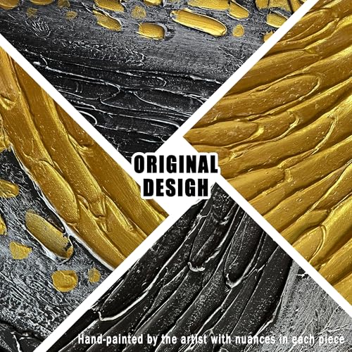 Abstract 3D Hand Painted Wall Art for Office Black and Gold Canvas Wall Art for Bedroom Modern Wall Decor for Living Room Size 24 x 47 Inch